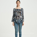 Women Rpet Blouse Recycled Polyester Chiffon Blouse with Elastic Smocking Square neck and Flare sleeves Floral Blouse